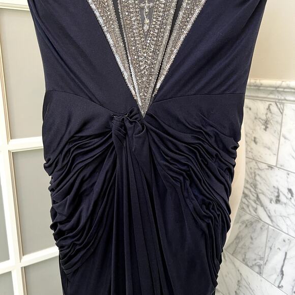 Reem Acra Beaded Embellished Mesh Back Gown Navy Blue Size 4 - Picture 4 of 13
